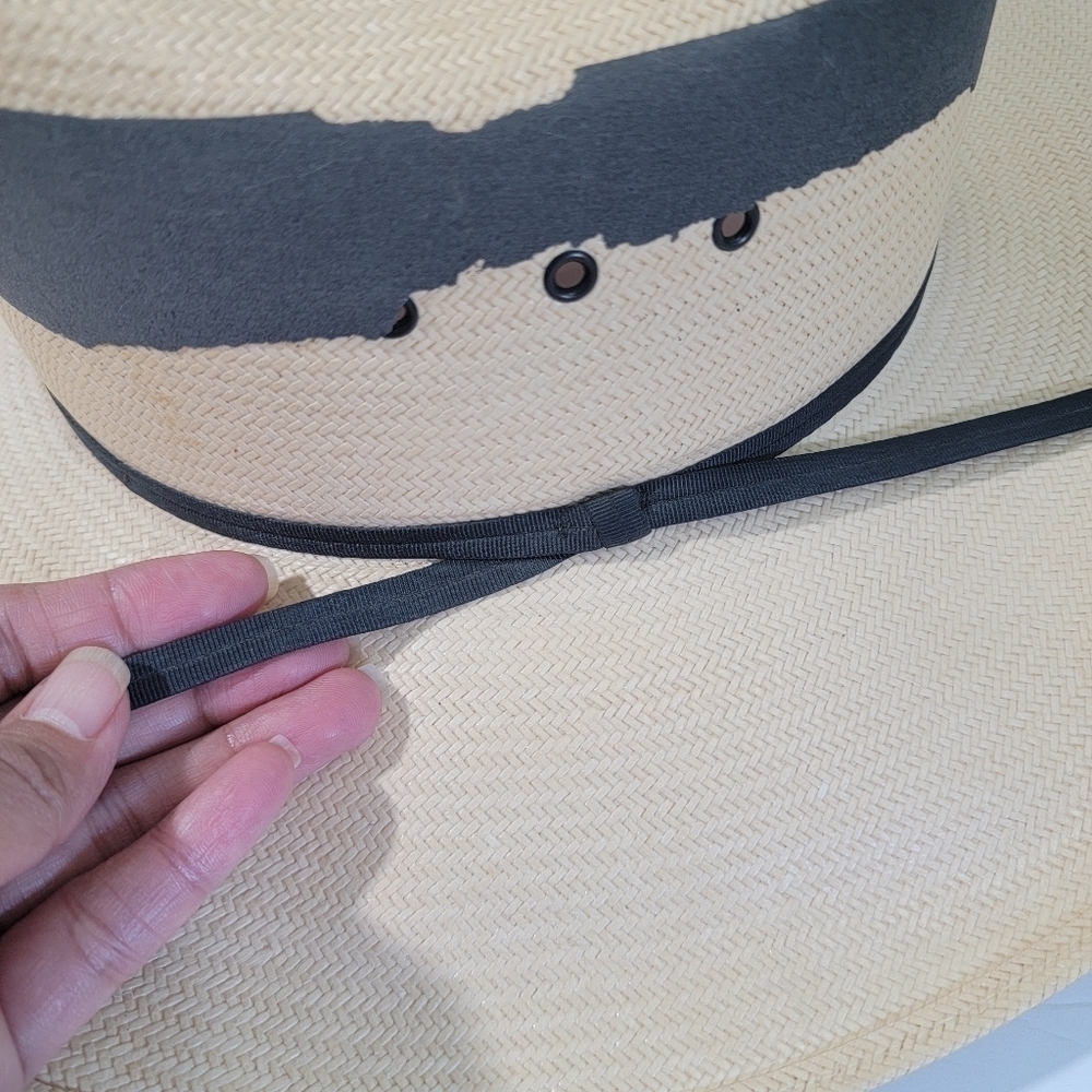 Larry Mahan The Corral By Milano Hat Tan Bandido 100% Straw Hat 6/8-55 Long Oval - Picture 6 of 12